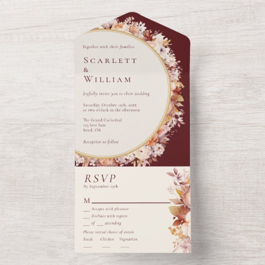 秋の花嫁がテーマのバーガンディーメニュー選択への出欠確認（結婚式） オールインワン招待状 (内側)