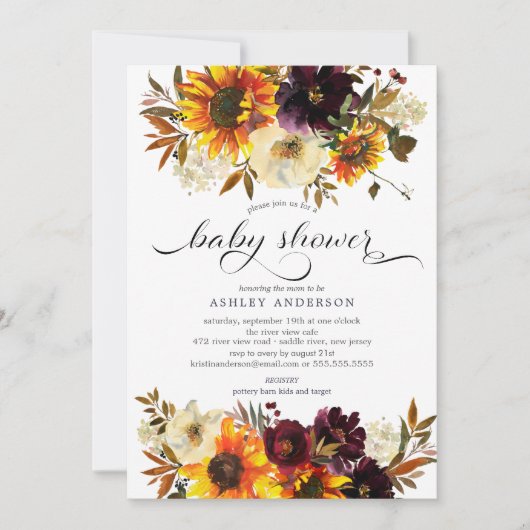 秋の花束ひまわり赤ちゃんシャワー 招待状 (正面)