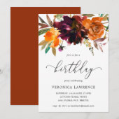 秋の花束 オレンジ ワインレッド 女性 誕生日 招待状 (正面/裏面)