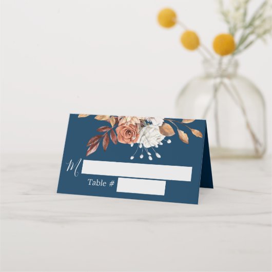 秋の花柄ネイビーブルーの結婚式プレイスカード プレイスカード (正面)