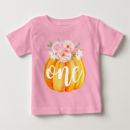 秋の花柄パンプキン 女の子の1歳誕生日 ONE ベビーTシャツ (正面)