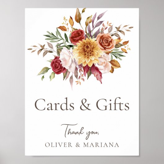 秋の花柄 ブラウン 白 ウェディング カード & ギフト サイン (正面)