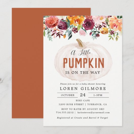 秋の花柄 小さなかぼちゃのベイビーシャワー 招待状 (正面/裏面)