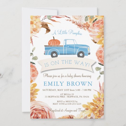 秋の花柄 青い小さなパンプキン 男の子 ベビーシャワー 招待状 (正面)