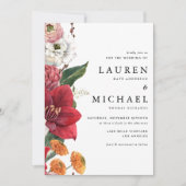 秋の花模様とレッドアマリリス結婚ズ 招待状 (正面)