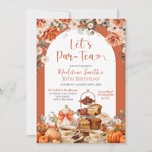 秋の花模様のカボチャ Let's Par ティー 誕生日パーティー 招待状 (正面)