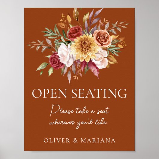 秋の花模様のテラコッタ製結婚式オープンシーティングサイン ポスター (正面)