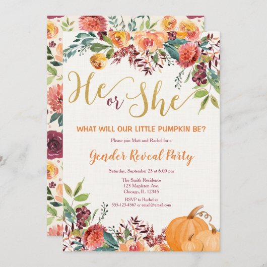 秋の花模様のパンプキン性別発表招待状 招待状 (正面/裏面)
