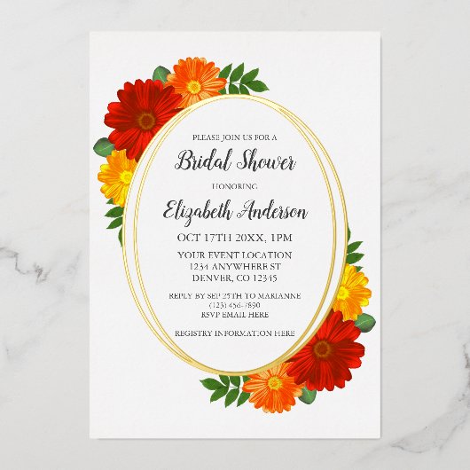 秋の花模様ブライダルシャワー 箔招待状 (正面)