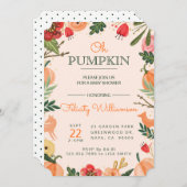 秋の花模様&葉カボチャのパッチ赤ちゃんシャワー 招待状 (正面/裏面)