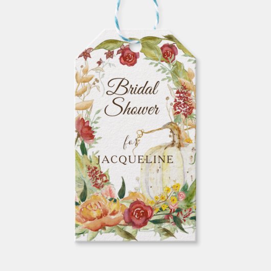 秋の花輪ホワイトパンプキンブライダルシャワー ギフトタグ (正面)