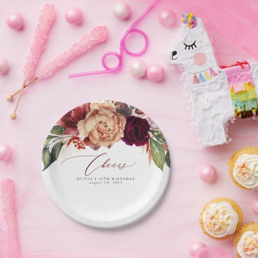 秋の花 オレンジとバーガンディ レッド チェアーズ ペーパープレート (パーティー)