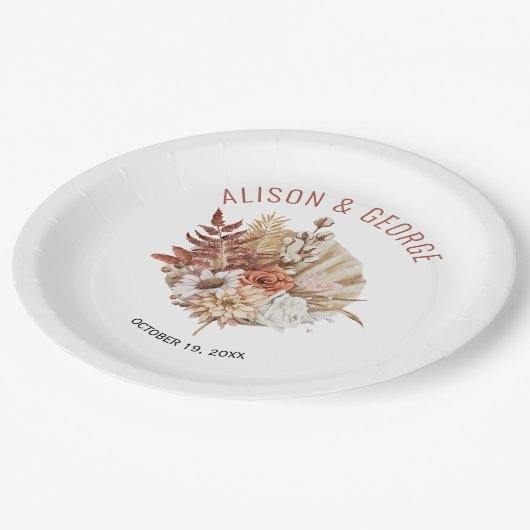 秋の花、ヤシの葉テラコッタ秋の結婚式 ペーパープレート (アングル)