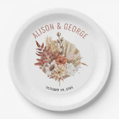 秋の花、ヤシの葉テラコッタ秋の結婚式 ペーパープレート (正面)