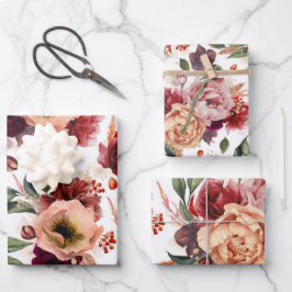 秋の花 ワインレッド オレンジ ボタニカル フラワーリ  ラッピングペーパーシート