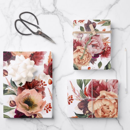 秋の花 ワインレッド オレンジ ボタニカル フラワーリ ラッピングペーパーシート (正面)