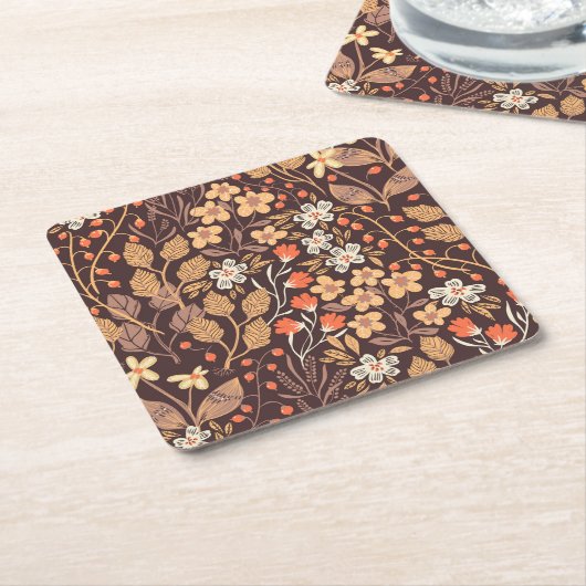 秋の花:ヴィンテージ継ぎ目のパターン スクエアペーパーコースター (アングル)