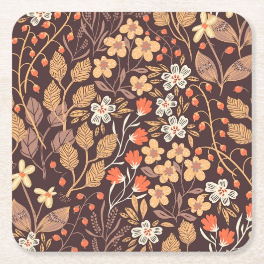 秋の花：ヴィンテージ継ぎ目のパターン スクエアペーパーコースター (正面)