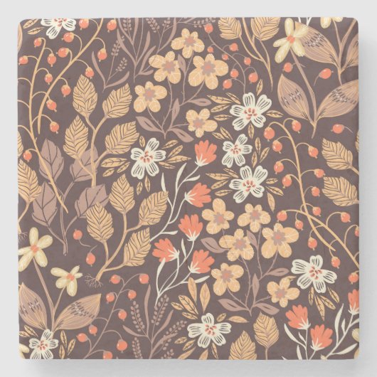 秋の花：ヴィンテージ継ぎ目のパターン ストーンコースター (正面)