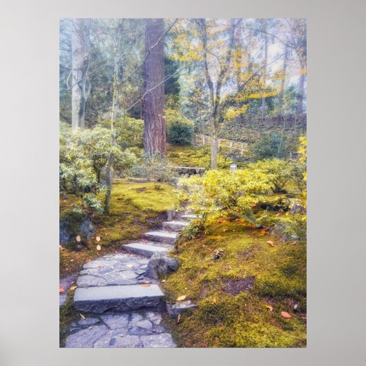 秋の苔むした森の石道 ポスター (正面)