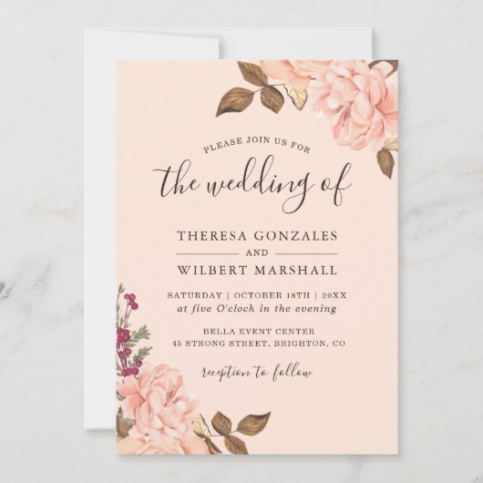 秋の茶色の赤面金ゴールド水の色のフローラ結婚の 招待状 (正面)