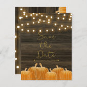 秋の落ちたかぼちゃとストリングライトの素朴なデザインのSave the Date 案内ポストカード (正面/裏面)