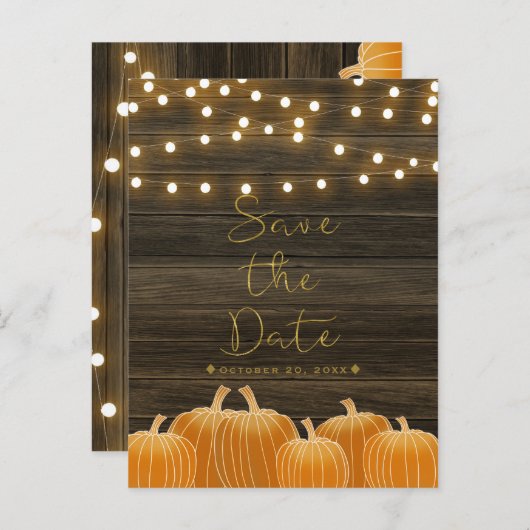秋の落ちたかぼちゃとストリングライトの素朴なデザインのSave the Date 案内ポストカード (正面/裏面)