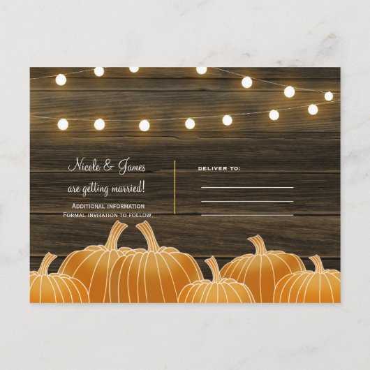 秋の落ちたかぼちゃとストリングライトの素朴なデザインのSave the Date 案内ポストカード (裏面)