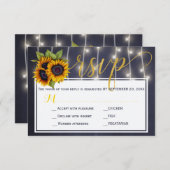 秋の落ち着いたネイビー色のひまわり ウェディング スクリプト RSVP (正面/裏面)