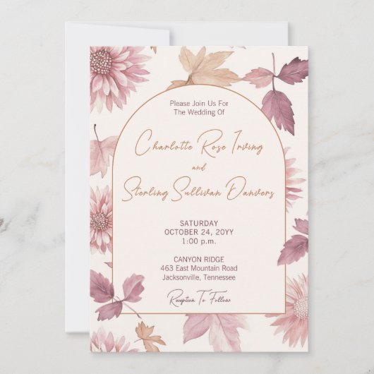 秋の落ち葉が誘うテラコッタのウェディングフォト 招待状 (正面)