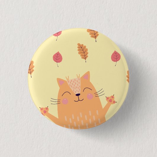 秋の落ち葉で遊ぶかわいいジンジャーオレンジの猫 缶バッジ (正面)