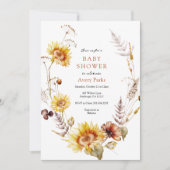 秋の落ち葉とひまわりのベイビーシャワー 招待状 (正面)