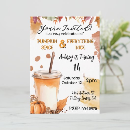 🍁 秋の落ち葉とパンプキンスパイスパーティーの招待状 招待状 (スタンド正面)