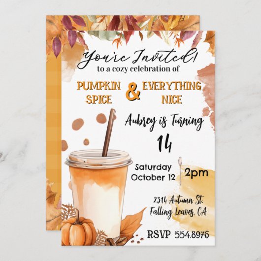 🍁 秋の落ち葉とパンプキンスパイスパーティーの招待状 招待状 (正面/裏面)