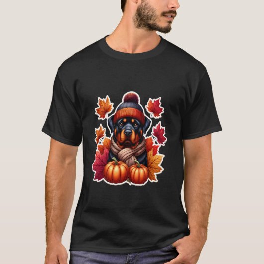 秋の落ち葉とロットワイラー Tシャツ (正面)
