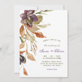 秋の落ち葉と多肉植物 | 紫の水彩 招待状 (正面)