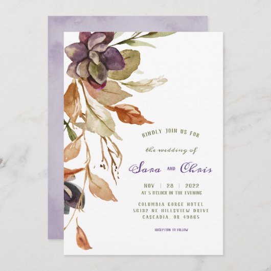 秋の落ち葉と多肉植物 | 紫の水彩 招待状 (正面/裏面)