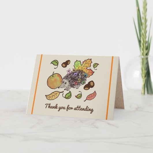 秋の落ち葉と手描きの可愛いハリネズミ サンキューカード (正面)