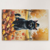 秋の落ち葉と黒猫の感謝祭アート ジグソーパズル (横)