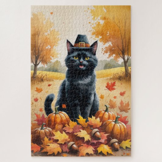 秋の落ち葉と黒猫の感謝祭アート ジグソーパズル (縦)