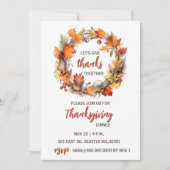 秋の落ち葉のリース 感謝祭のディナー 招待状 (正面)