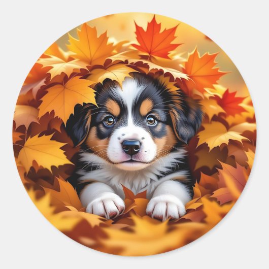 秋の落ち葉の中の可愛い子犬 ラウンドシール (正面)