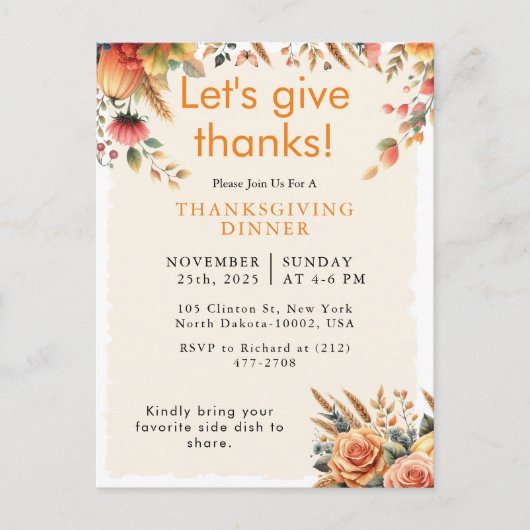 秋の落ち葉の季節にぴったりな、温かい気持ちになれるサンクスギビングのご招待です シーズンポストカード (正面)