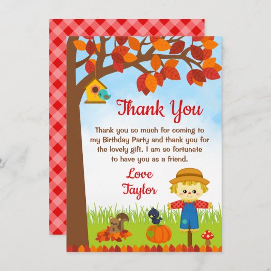 秋の落ち葉の少年かかし誕生日 サンキューカード (正面/裏面)