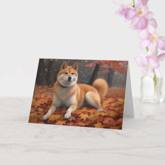 秋の落ち葉の柴犬にインスパイアされて カード (蘭)