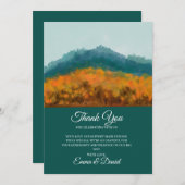 秋の落ち葉の森の木々と青い山の水彩画 サンキューカード (正面/裏面)