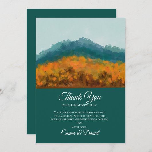 秋の落ち葉の森の木々と青い山の水彩画 サンキューカード (正面/裏面)