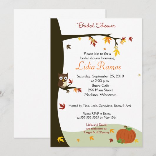 秋の落ち葉をテーマにしたブライダルシャワー 招待状 (正面/裏面)