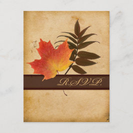 秋の落ち葉を写した古びた紙の返信カード 出欠カード