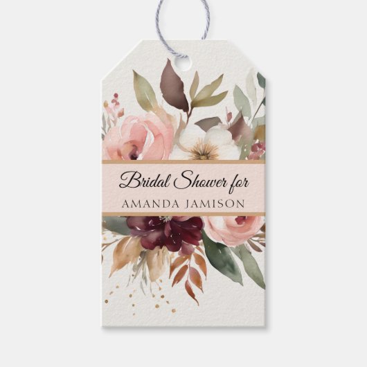 秋の落ち葉 コテージコア バーガンディ ピンク ブライダルシャワー ギフトタグ (正面)